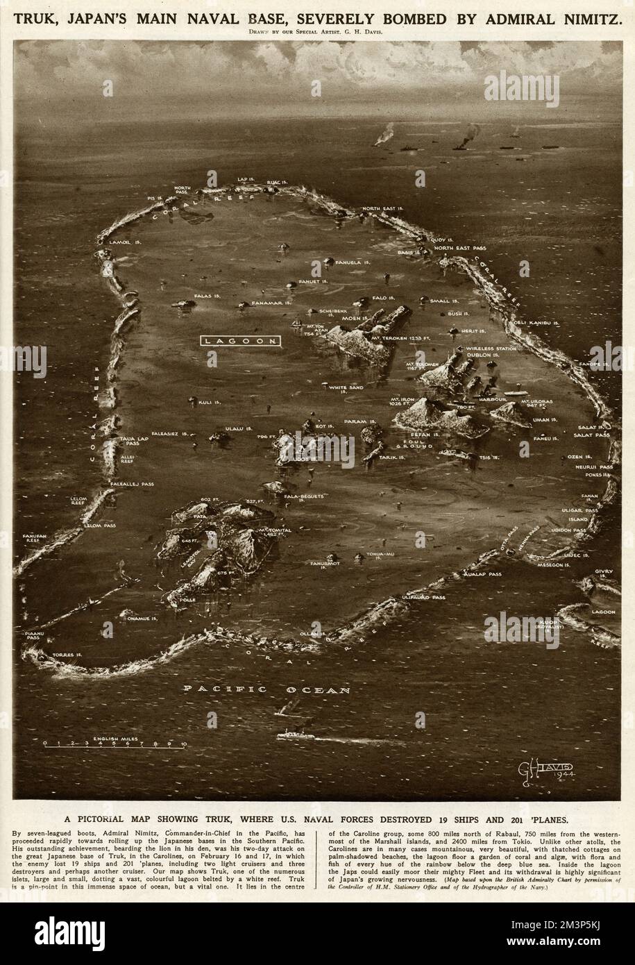 Une carte picturale de Truk, la principale base navale du Japon, sévèrement bombardée par l'amiral Nimitz, commandant en chef de la marine américaine dans le Pacifique, pendant la Seconde Guerre mondiale -- 19 navires et 201 avions ont été détruits. Banque D'Images