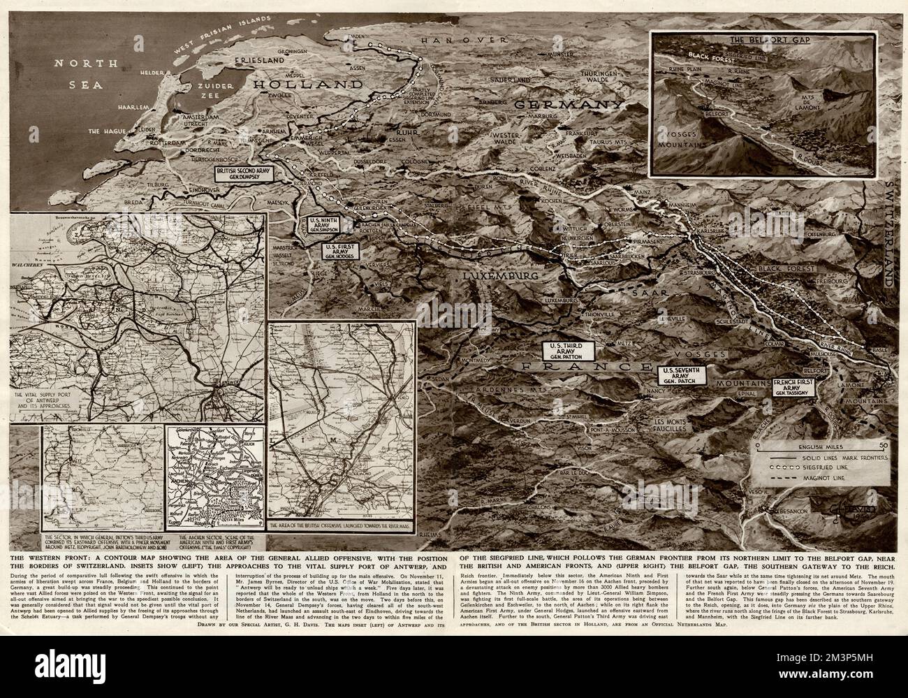 Le front occidental : une carte de contour montrant la zone de l'offensive générale des alliés à ce stade de la Seconde Guerre mondiale. Montrant la ligne Siegfried, le port d'approvisionnement d'Anvers, les fronts britannique et américain, et le fossé Belfort. Banque D'Images