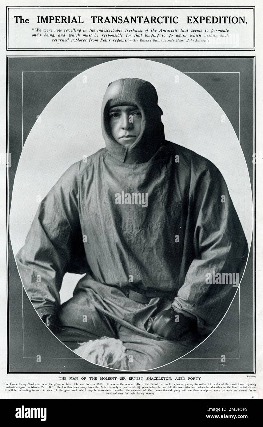 Sir Ernest Henry Shackleton (1874 - 1922), explorateur antarctique anglo-irlandais. Vu ici à l'âge de 40 ans en vêtements coupe-vent. Il préparait une nouvelle expédition, connue sous le nom d'expédition impériale transantarctique (appelée expédition d'endurance), qui s'est déroulée entre 1914 et 1917. 1914 Banque D'Images