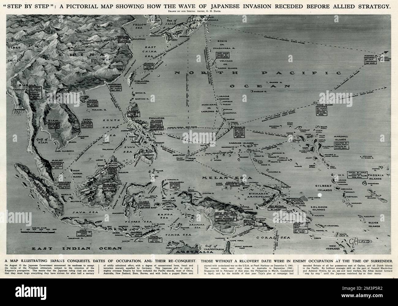 Une carte graphique de la région du Pacifique, montrant comment la vague d'invasion japonaise a reculé à la suite de la stratégie alliée pendant la Seconde Guerre mondiale. Montrant les conquêtes, les dates d'occupation et les conquêtes du Japon. Date: 1945 Banque D'Images