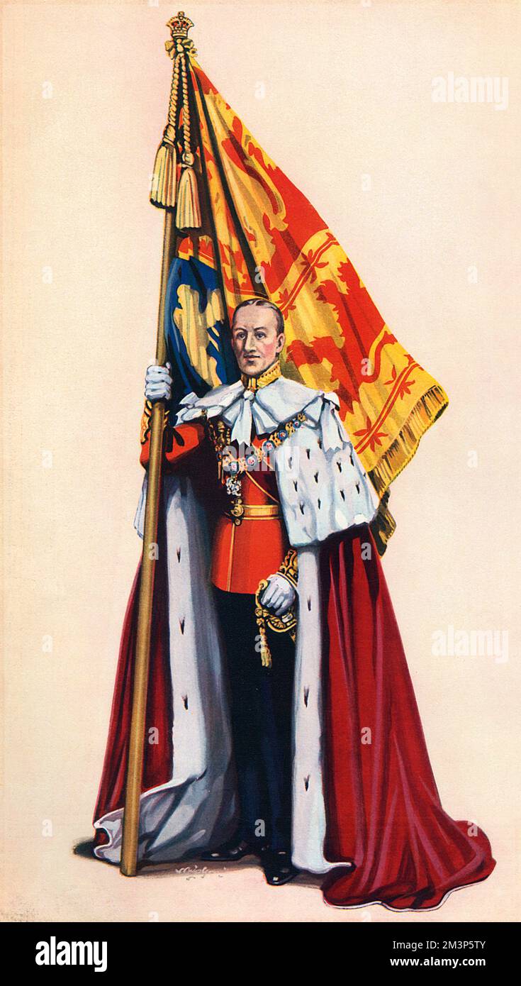 Une impression de l'un des nombreux porteurs standard prenant part à la procession de Coronation colorée sur la nef de l'abbaye de Westminster pendant le couronnement du roi George VI en 1937. Date: 1937 Banque D'Images