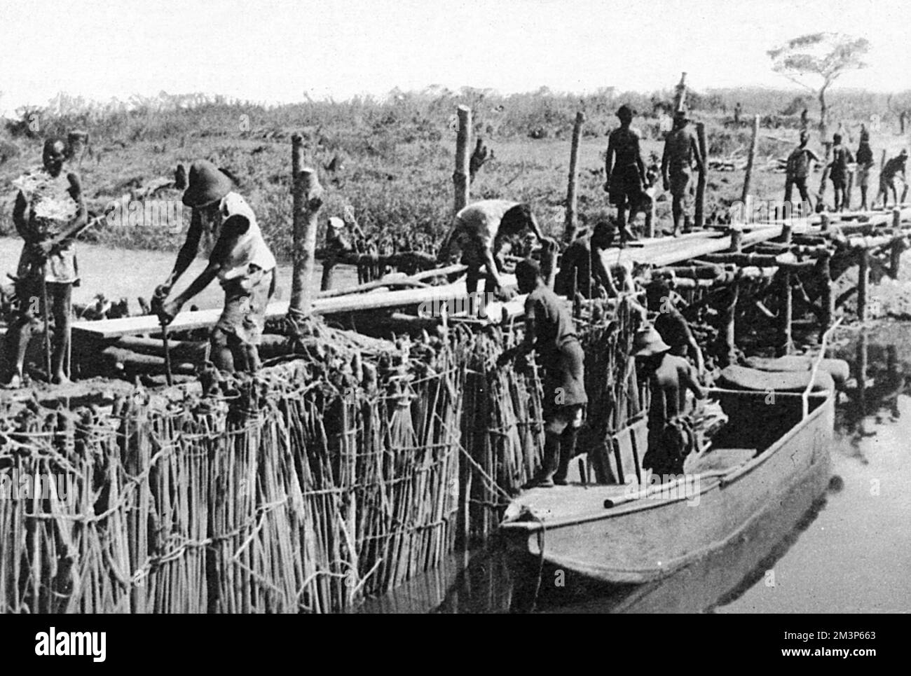 Des travailleurs locaux construisent un barrage temporaire sur le fleuve Dangu, au Congo belge (Zaïre). Le barrage a été construit afin de créer un lac pour permettre au bateau volant 'Corsair' de décoller. Le bateau de vol Imperial Airways avait effectué un atterrissage forcé en mars 1939, et était d'abord considéré comme irréparable, et l'ordre donné pour qu'il soit démantelé. Un ingénieur de compagnie d'Alexandrie a pensé autrement, et des réparations ont été faites et un premier barrage construit. La tentative de décollage en juin 1939 a échoué et d'autres dommages ont résulté. Suite à d'autres repairs et à la construction d'un second barrage, le se Banque D'Images