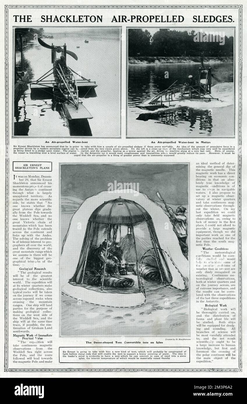 Les traîneaux à propulsion aérienne de Sir Ernest Shackleton, destinés à l'expédition transantarctique (1914-1917). Illustration ici fonctionnant comme des bateaux à eau propulsés par air. Vous trouverez ci-dessous un dessin d'un nouveau type de tente en forme de dôme qui peut être converti en igloo de neige pour plus de chaleur. Date: 1914 Banque D'Images