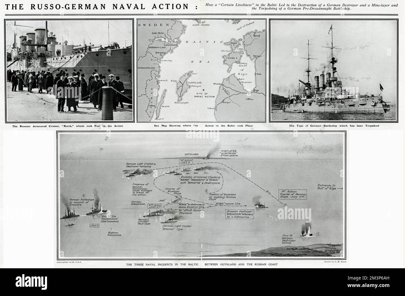 L'action navale russo-allemande dans la Baltique pendant la première Guerre mondiale qui a conduit à la destruction d'un destroyer allemand et d'une couche de mine et à la torpille d'un cuirassé allemand d'avant-deadnught. Montrant le croiseur blindé russe Rurik qui a pris part à l'action, une carte clé montrant où l'action a eu lieu, le type de cuirassé allemand qui a été torpillé, et un dessin des trois incidents navals dans la Baltique entre le Gothland et la côte russe. Date : juin-juillet 1915 Banque D'Images