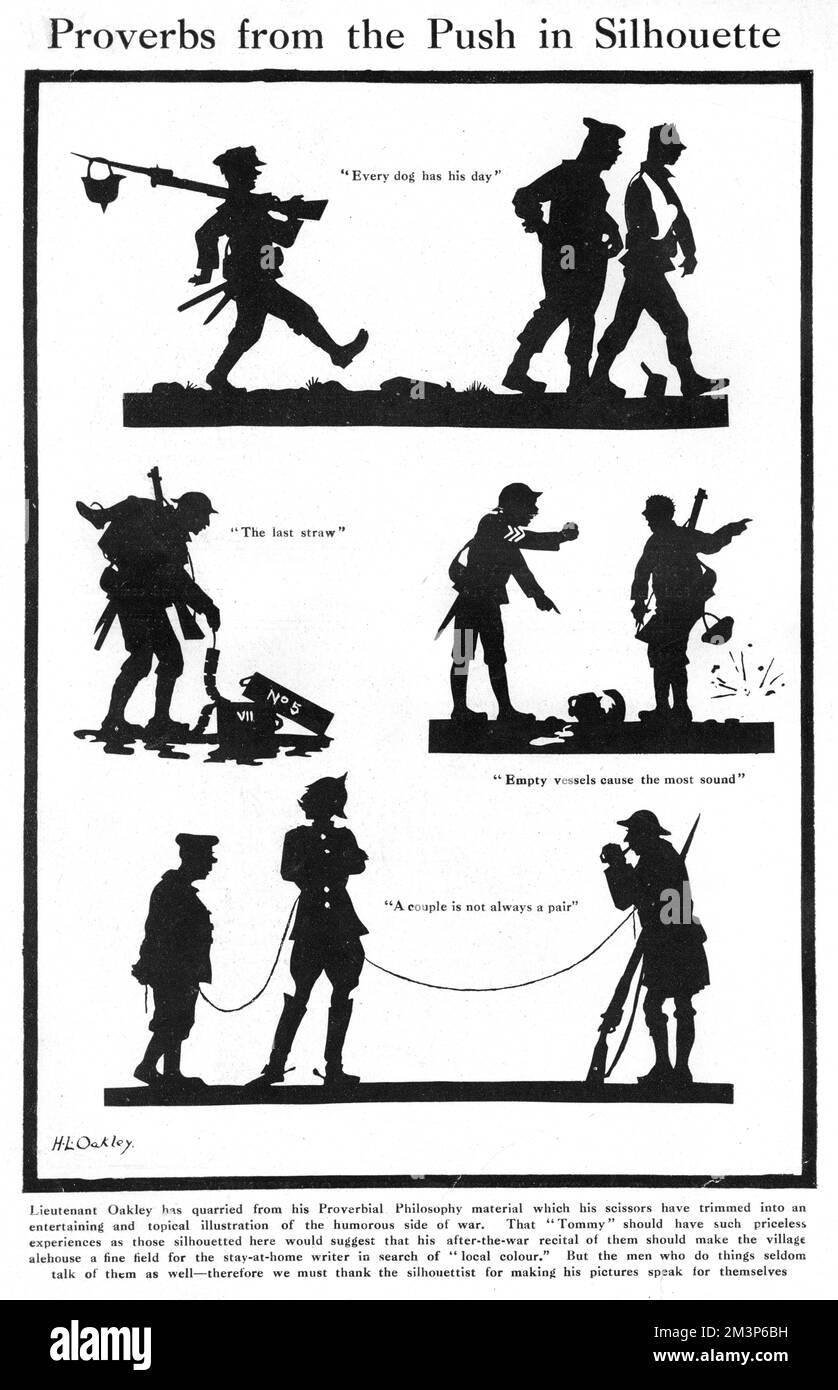 Une page de silhouettes du capitaine Harry Lawrence Oakley représentant des soldats britanniques dans diverses situations sur le front de l'Ouest en 1916. Date: 1916 Banque D'Images