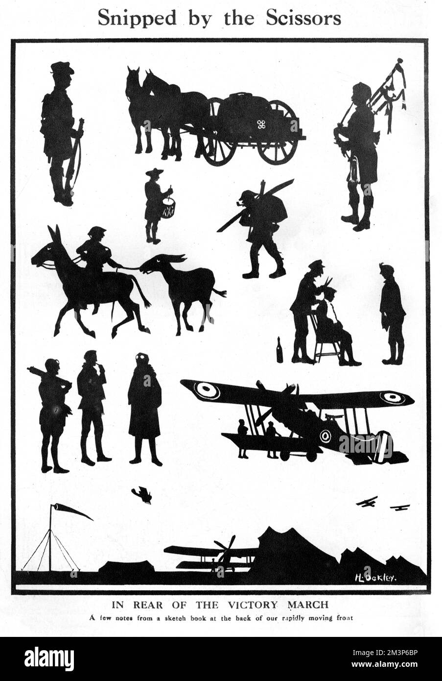 À l'arrière de la marche de la victoire - quelques scènes de l'arrière du front britannique en marche rapide vers la fin de la première Guerre mondiale, coupé en silhouette par le capitaine H. L. Oakley. Date: 1918 Banque D'Images