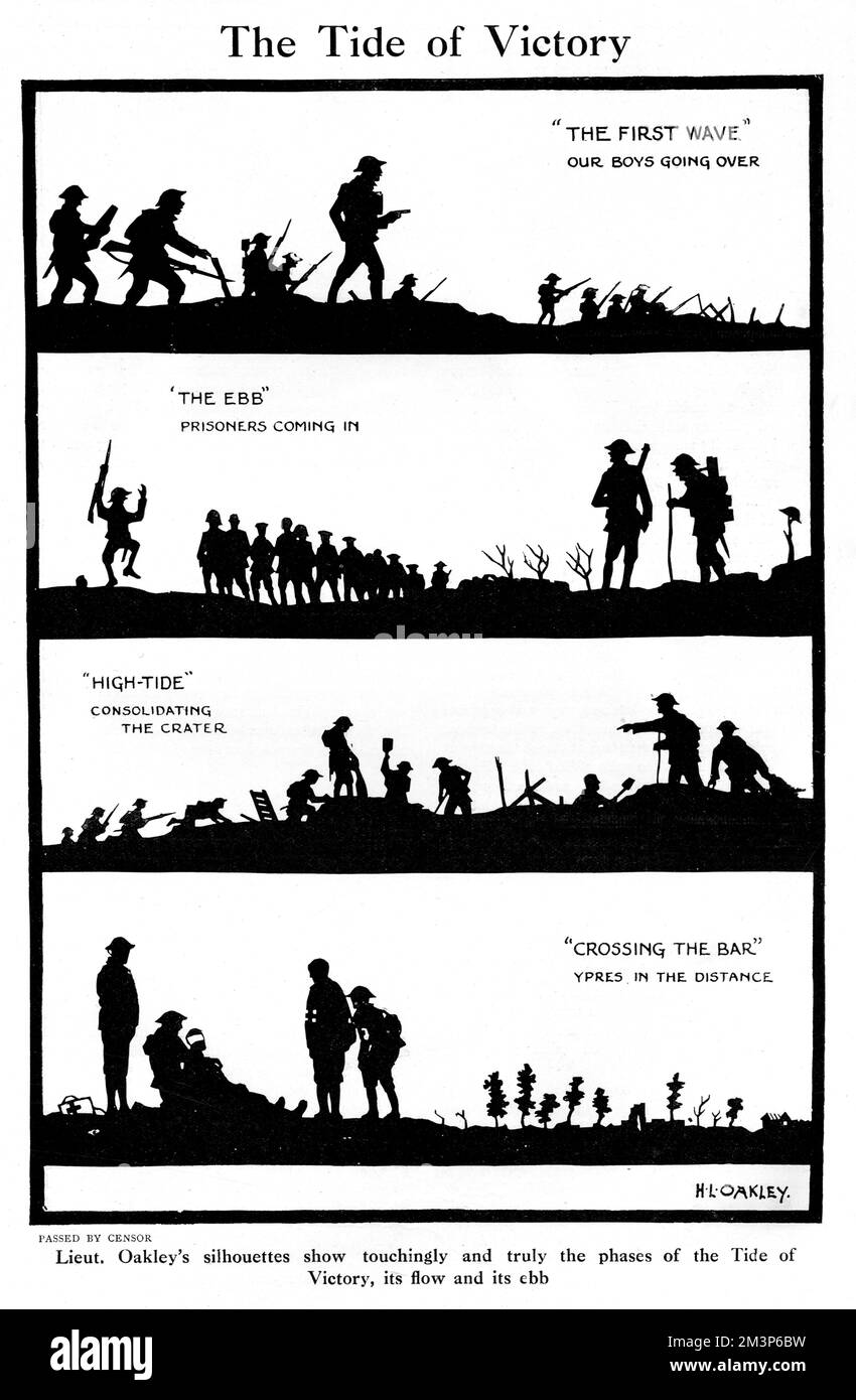 Une page de silhouettes du capitaine H. L. Oakley montrant le flux et le reflux de la « marée de la victoire » des troupes britanniques sur le front occidental pendant la première Guerre mondiale. Date: 1917 Banque D'Images