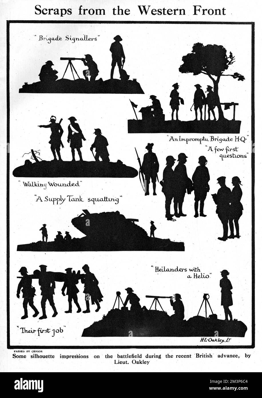 Quelques silhouettes sur le champ de bataille lors d'une avancée britannique dans le nord de la France en 1918, taillées par le célèbre artiste de silhouette, le capitaine H. L. Oakley. Date: 1918 Banque D'Images