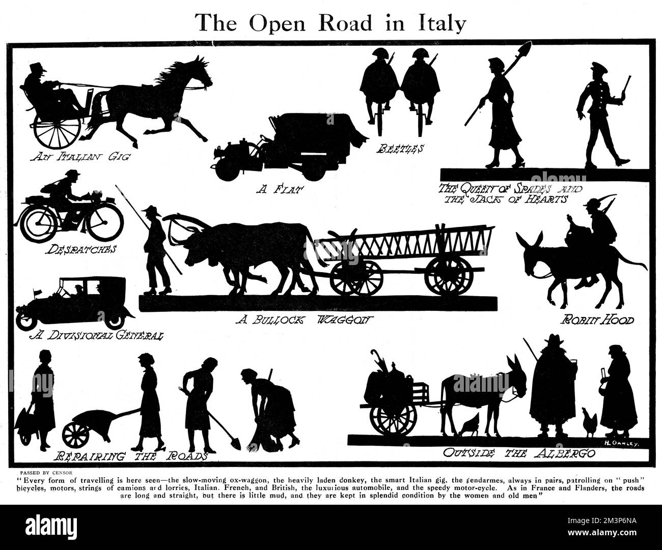 Une série de vignettes de silhouette montrant les différents modes de transport rencontrés sur la route ouverte en Italie pendant la première Guerre mondiale, capturées par l'artiste de silhouette, le capitaine H. L. Oakley qui a passé un certain temps ici pendant la guerre. Date: 1918 Banque D'Images