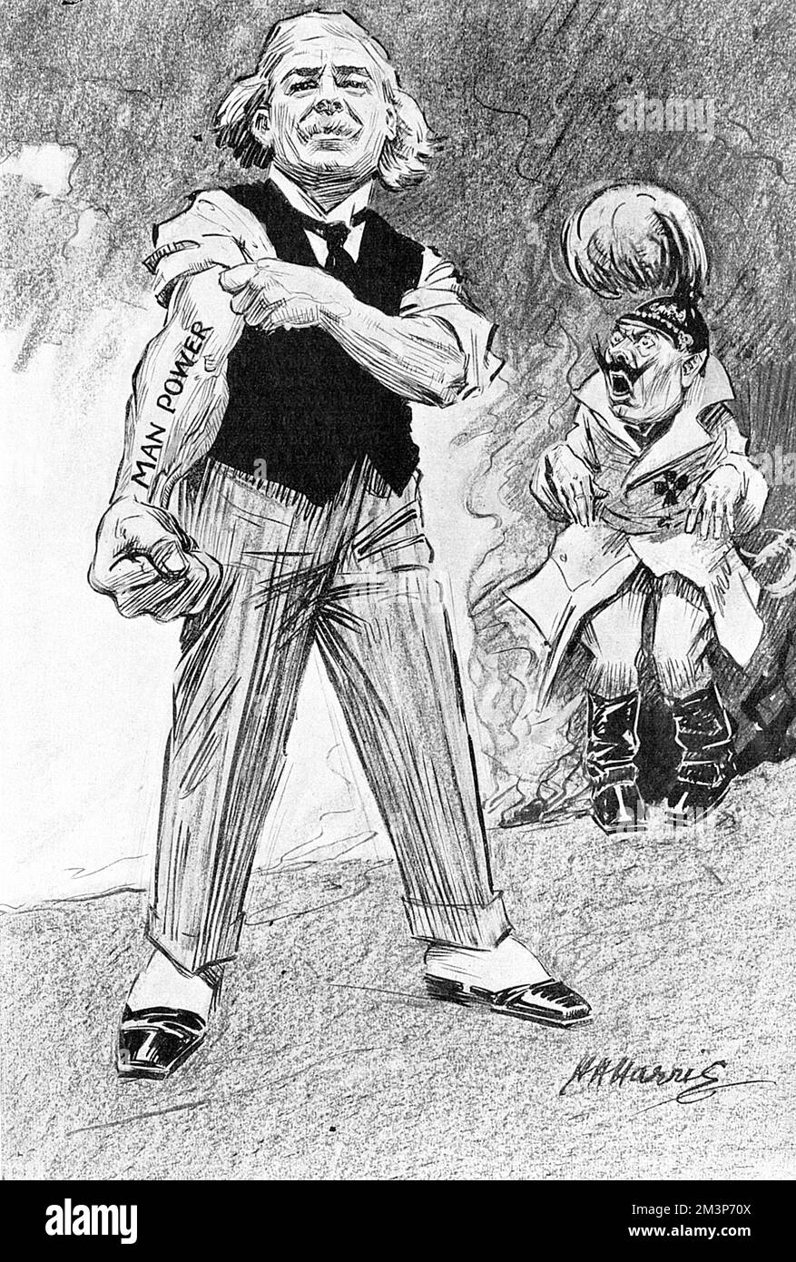 Caricature décrivant la crise de la main-d'œuvre britannique de 1918, mais qui projette le Premier ministre Lloyd George dans une lumière positive montrant un avant-bras musclé tandis que le Kaiser se dispend en arrière-plan. Date: 1918 Banque D'Images