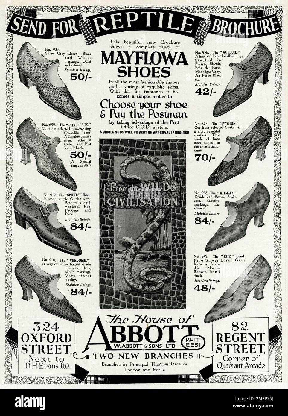 Annonce pour Mayflowa crocodile, autruche et lézard chaussures 1926 Banque D'Images