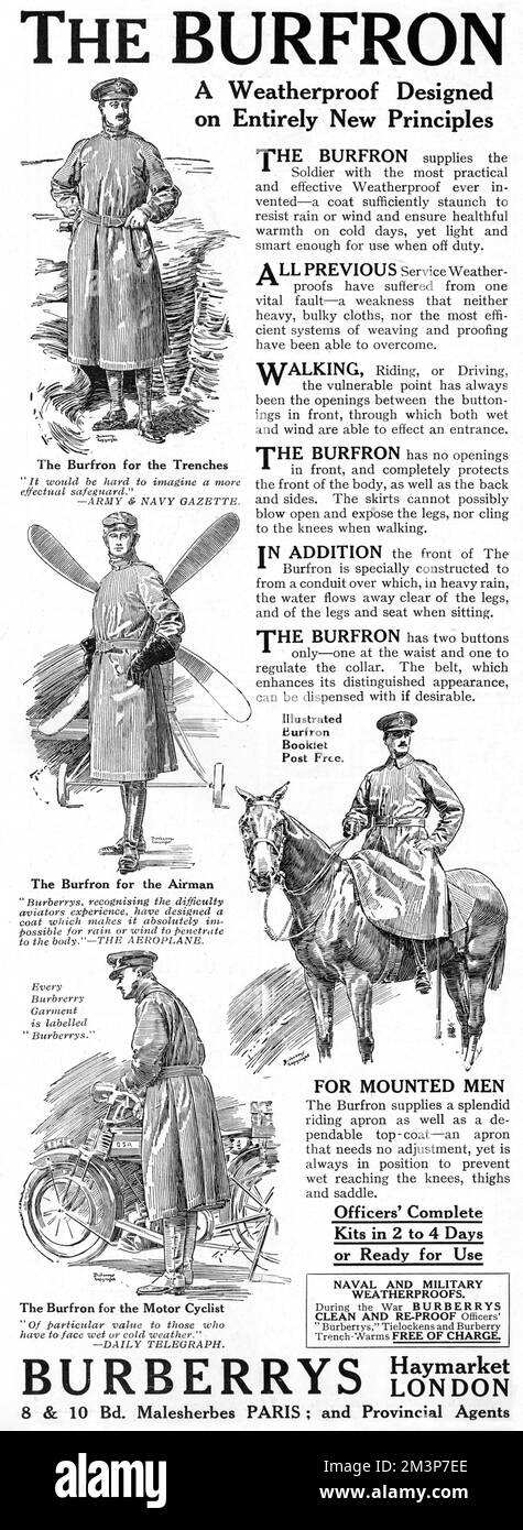 Publicité pour le manteau résistant aux intempéries Burfron de Burberrys, idéal pour les tranchées, pour les aviateurs, pour les hommes montés et pour le motocycliste. Date: 1916 Banque D'Images