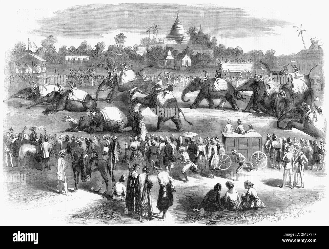 Un steeplechase d'éléphant qui a eu lieu à Rangoon, sur la branche est de la rivière Irrawaddy le 25 mai 1858. Les officiers britanniques de la garnison de Rangoon ont volé les 13 éléphants vêtus en costume de jockey avec un personnel et un drapeau au lieu d'un fouet et les animaux ont été dirigés par des mahouts qui ont reçu certains des gains dans le jeu de sueur. Date: 1858 Banque D'Images