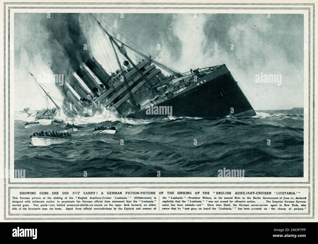 Le naufrage du paquebot Cunard RMS Lusitania a eu lieu le 7 mai 1915 pendant la première Guerre mondiale, par un U-boat allemand, frappant la Lusitania deux fois avec des torpilles, s'enfoncant dans les 18 minutes, tuant 1198 passagers. L'Allemagne a publié une fausse déclaration selon laquelle la Lusitania transportait des armes, avec deux feux rapides derrière des boucliers blindés sont montrés sur le pont supérieur vers l'avant, de chaque côté de la piste près des arcs. 7 mai 1915 Banque D'Images