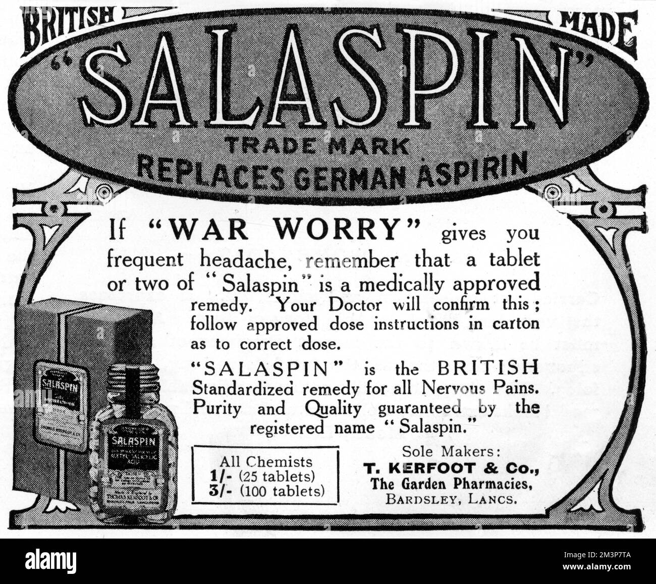 Une publicité pour SalaPIN, un Britannique a fait un remède contre les maux de tête, avec un ou deux comprimés capables de soulager les maux de tête causés par l'inquiétude de guerre. La publicité indique clairement qu'elle remplace l'aspirine allemande. Date: 1917 Banque D'Images
