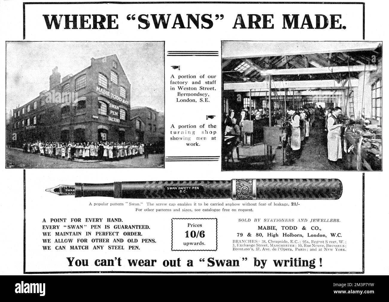 Publicité pour les stylos Swan, avec des photographies montrant une partie de l'usine à Weston Street, Bermondsey, South East London et une partie de l'atelier de tournage avec des hommes au travail. Date: 1914 Banque D'Images