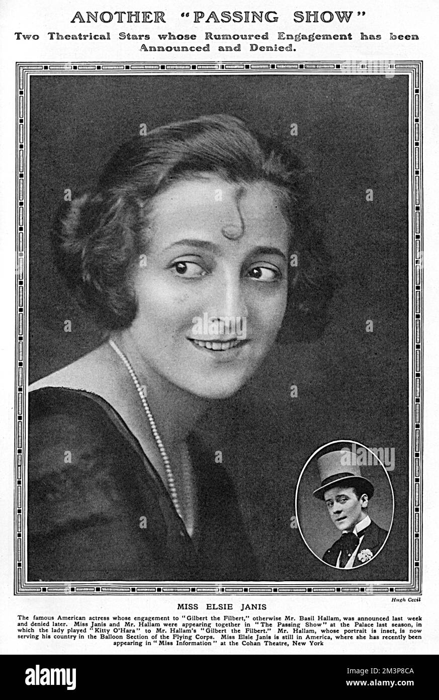Elsie Janis (26 février 1956 16 mars 1889), chanteuse américaine, auteur-compositeur, actrice, et scénariste. Divertir les troupes pendant la première Guerre mondiale l'a immortalisée comme "l'aimée de l'AEF" (American Expeditionary Force). Inset est une photo de Basil Hallam, né Basil Hallam Radford (1889-1916), acteur et chanteur anglais, plus connu pour son rôle de Gilbert le Filbert, colonel des noix dans la revue 1915, The Passing Show. Basil rejoint le Royal Flying corps dans la section de ballon de cerf-volant de l'Armée. Il est mort en août 1916 alors que son ballon dérive vers les lignes ennemies et son parachute soit Banque D'Images