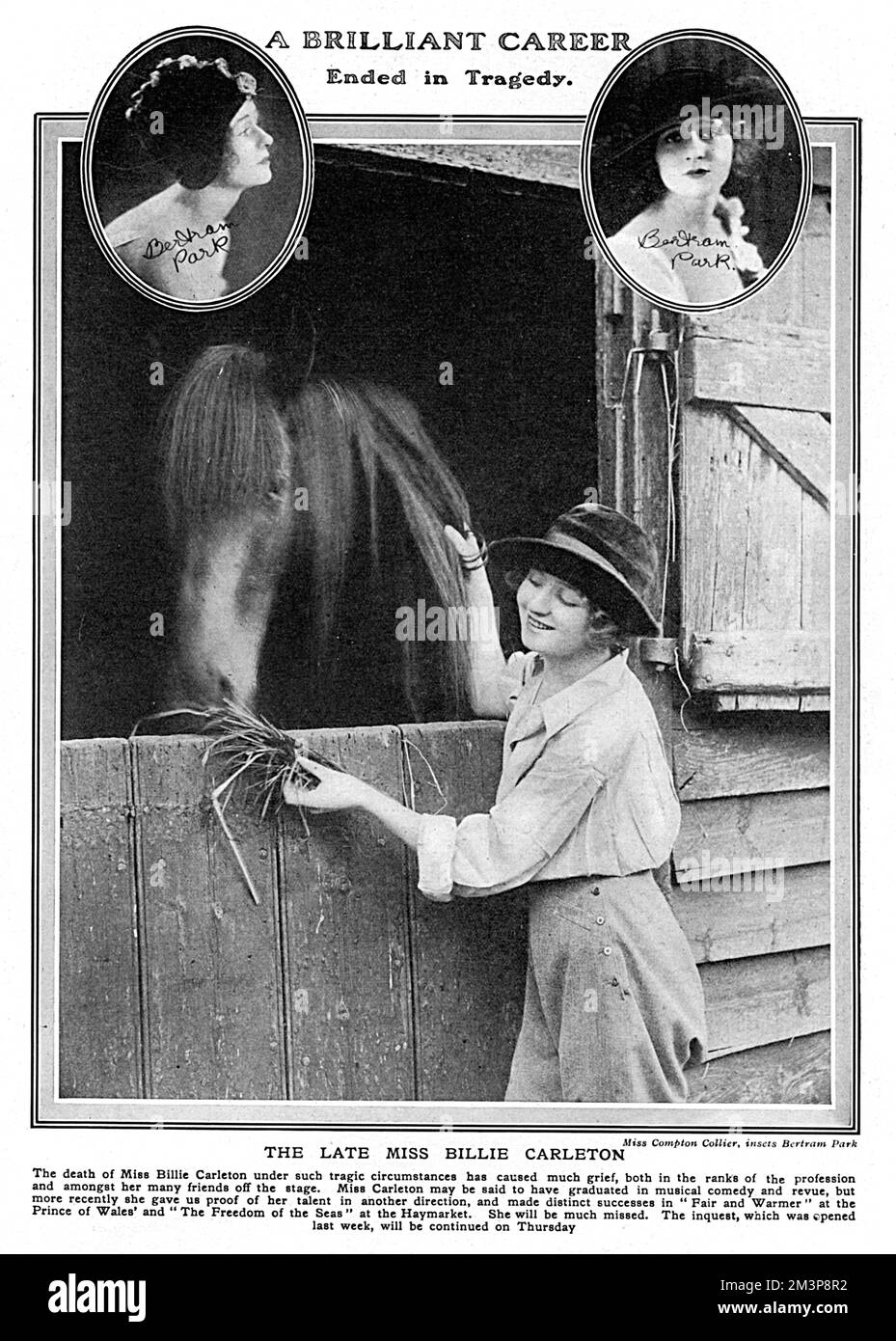 Page du Tatler faisant état de la mort tragique de la jeune actrice, Billie Carleton, qui a été trouvée morte, apparemment d'une overdose de drogue, le matin après qu'elle ait comparu au célèbre Victory ball du Royal Albert Hall, tenu pour célébrer la fin de la première Guerre mondiale. Billie Carleton (4 septembre 1896 28 novembre 1918) est une actrice de comédie musicale anglaise durant la première Guerre mondiale. Elle a commencé sa carrière professionnelle à 15 ans et a joué des rôles dans le West End à 18 ans. Elle est apparue dans la comédie musicale The Boy (1917), qui a conduit à un rôle de premier plan dans la liberté de la mer Banque D'Images