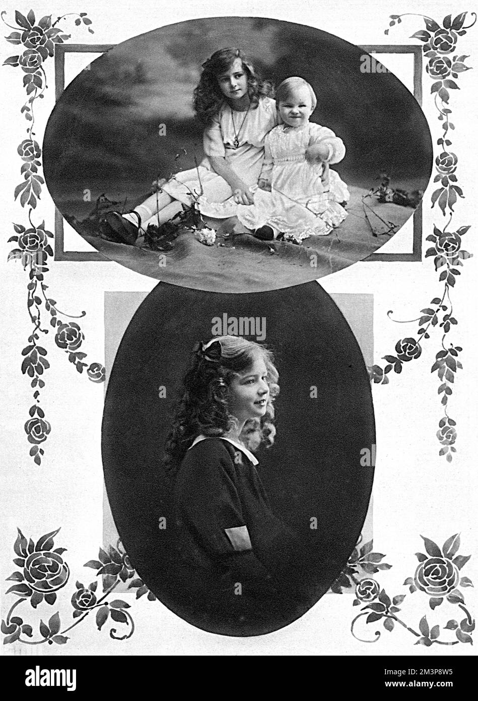 La princesse Ileana et le prince Mircea, deux des fils du roi Ferdinand et de la reine Marie de Roumanie (ce dernier était autrefois la princesse Marie d'Édimbourg, puis Saxe-Coburg). Ileana (1909-1991) était la plus jeune de leurs trois filles et allait épouser Archduke Anton, d'Autriche, prince de Toscane. Mircea (1913-16), le plus jeune enfant du couple, est mort tragiquement de la typhoïde en 1916, avec des troupes ennemies avançant à travers le pays et le chaos tout autour. Peu de temps après, la famille a été forcée d'évacuer le palais et ne pouvait pas revenir pendant deux ans. Date: 1915 Banque D'Images