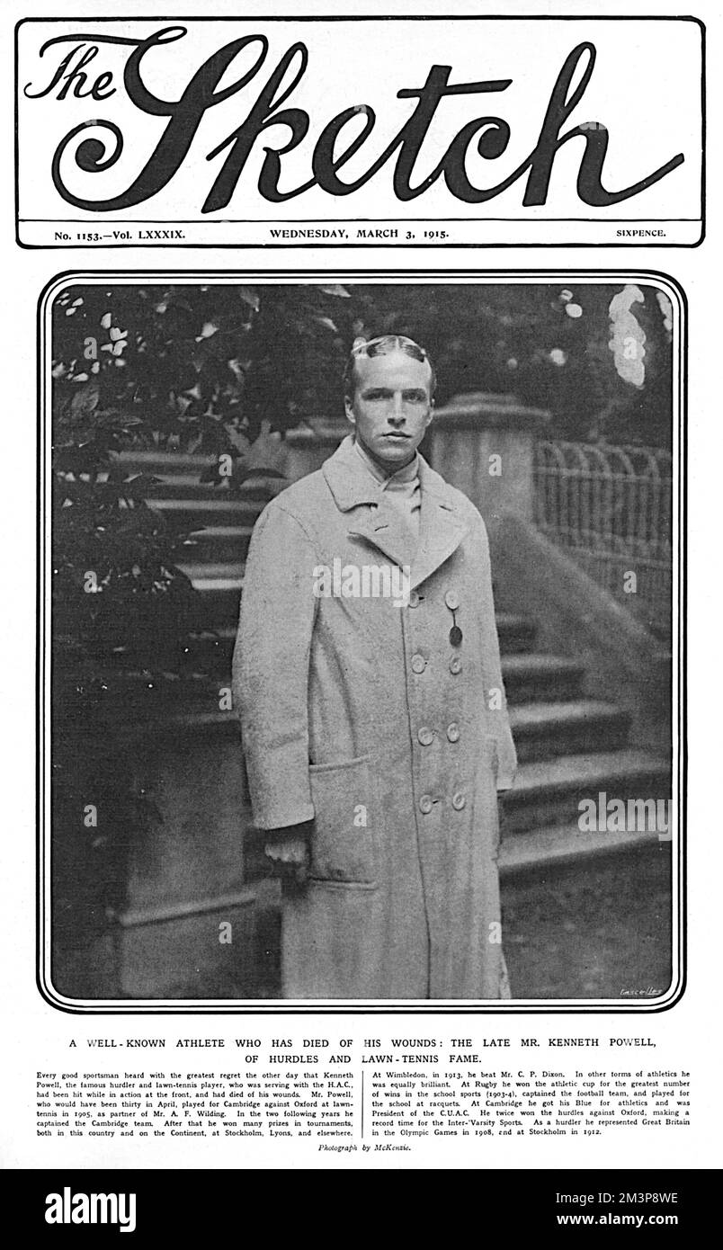 Couverture du magazine The Sketch avec un portrait de Kenneth Powell (8 avril 1885 18 février 1915), athlète britannique et joueur de tennis qui a participé aux Jeux olympiques d'été de 1908 et aux Jeux olympiques d'été de 1912. En 1908, il participe à la compétition des haies de 110 mètres, mais il a été éliminé au premier tour. Il était également un joueur de tennis compétent et s'est associé au champion de Wimbledon, Anthony Wilding, lors de la compétition Cambridge haies. Powell a été tué en action pendant la première Guerre mondiale, servant comme privé avec l'honorable Artillerie Company près d'Ypres. Date: 1915 Banque D'Images