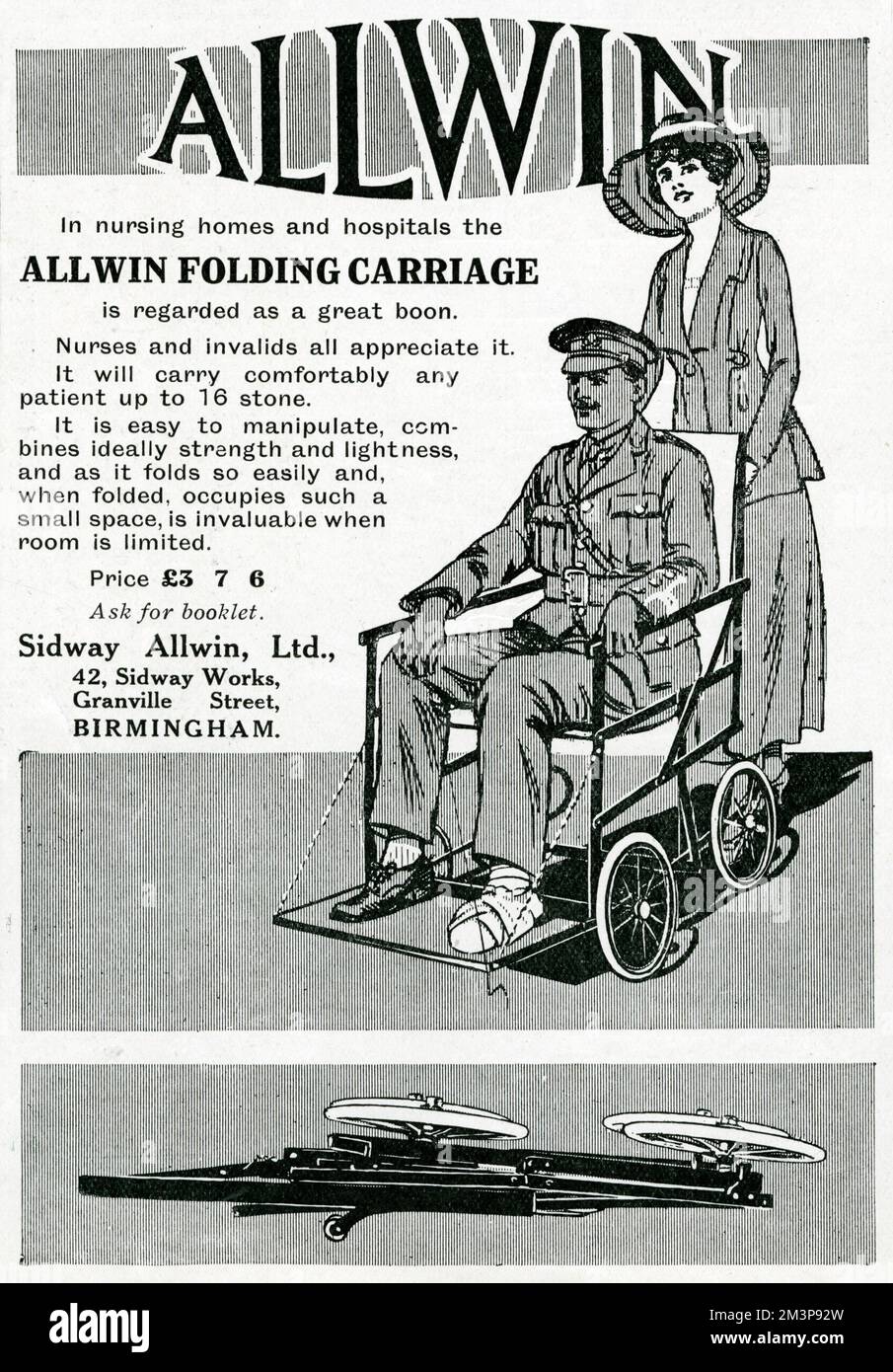 Publicité pour la chaise pliante Allwin, « pour l'hôpital ou la maison de convalescence ou votre propre ami ou parent blessé ». Date: 1917 Banque D'Images