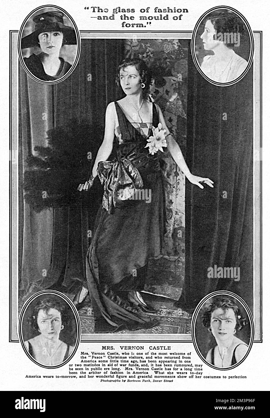 IRENE CASTLE (née FOOTE) Dancer, qui, avec son mari Vernon Castle, étaient connus comme 'les amoureux de la danse de l'Amérique'. La paire a été incroyablement réussie et leurs gains ont été élevés. Vernon a été tué dans un accident de vol en 1918. En tant que leader de la mode, elle est représentée ici dans une robe de soirée particulièrement élégante par un designer non précisé. Le Tatler fait savoir que, depuis longtemps, le château de Mrs Vernon est l'arbitre de la mode en Amérique. Ce qu'elle porte à l'époque l'Amérique s'habille pour morrow, et son magnifique personnage et ses mouvements gracieux montrent ses costumes à la perfection. » Date: 1918 Banque D'Images
