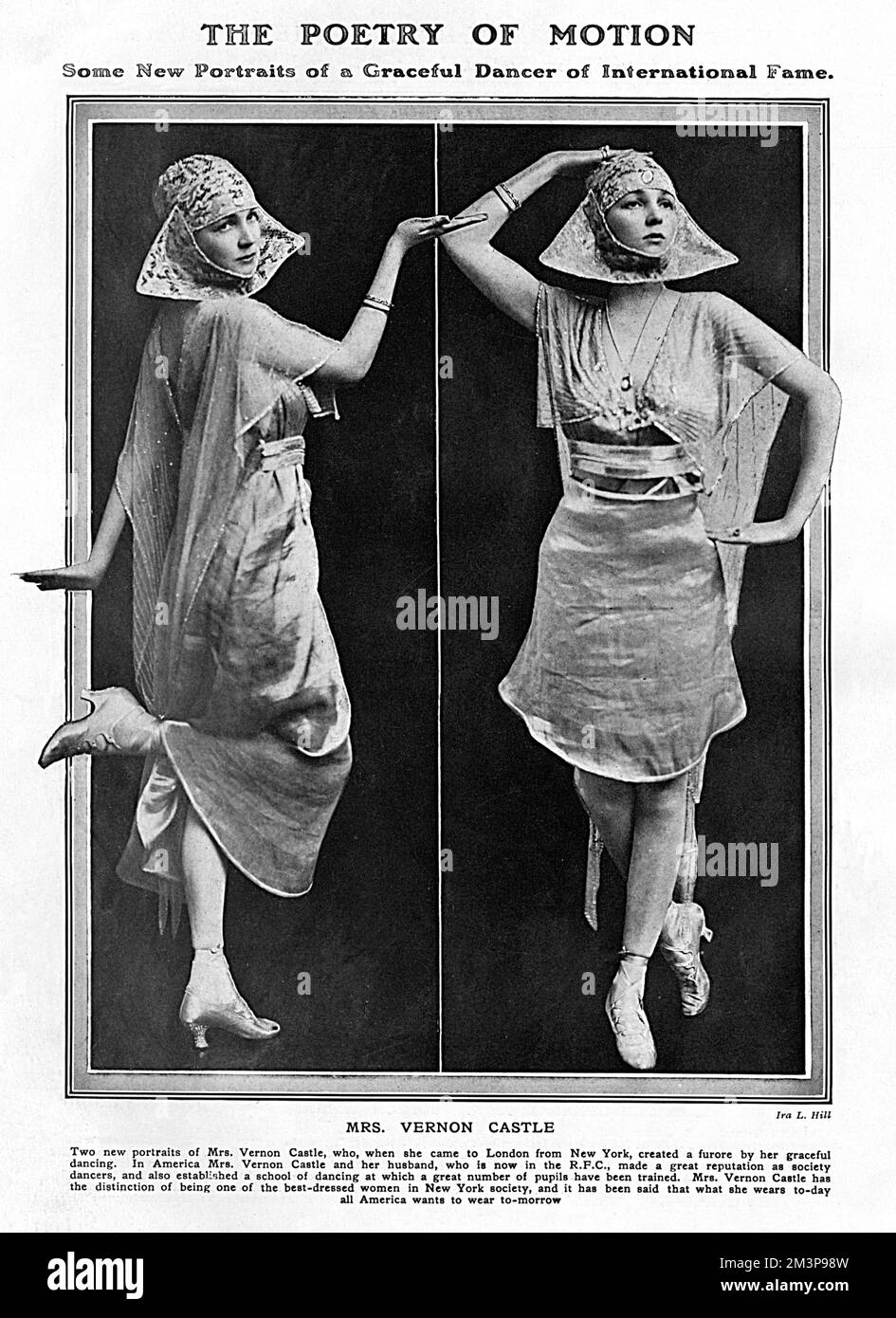 IRENE CASTLE (née FOOTE) Dancer, qui avec son mari Vernon Castle connu sous le nom de « America's Dancing Sweethearts ». La paire a été incroyablement réussie et leurs gains ont été élevés. Vernon a été tué dans un accident de vol en 1918. Elle était une chef de file de la mode et est photographiée ici dans un costume de théâtre particulièrement inhabituel, frappant quelques poses exotiques. Date: 1917 Banque D'Images