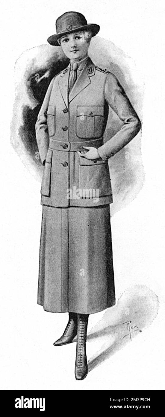 Un uniforme kaki élégant adopté par les membres de la Légion des services de guerre des femmes et disponible auprès de Burberrys. Date: 1918 Banque D'Images