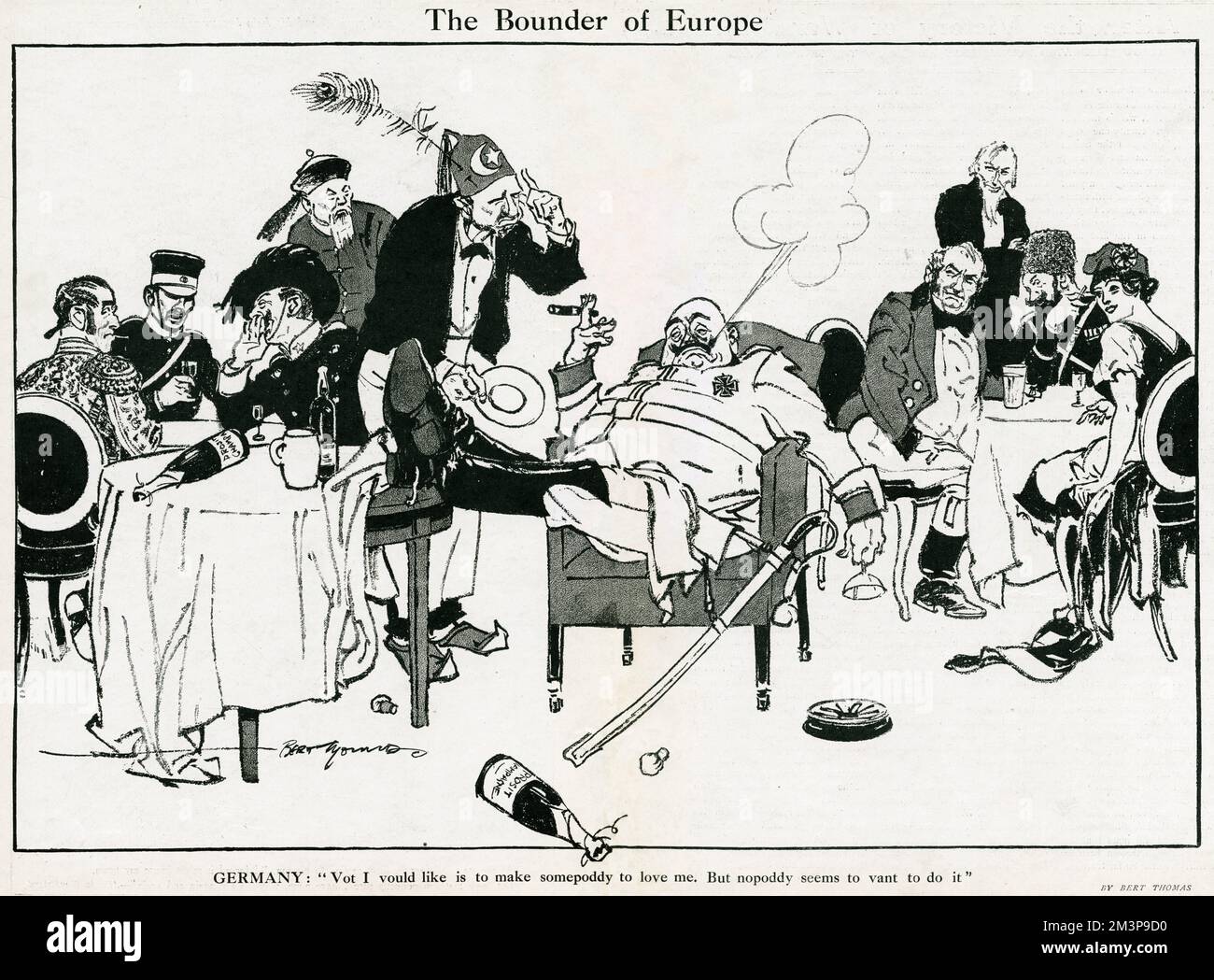 Caricature, le Bounder of Europe, montrant un Allemand malheureux dans un café, entouré de représentants d'autres nations désapprouvant pendant la première Guerre mondiale. Il aimerait que quelqu'un l'aime, mais personne ne semble vouloir le faire. Banque D'Images