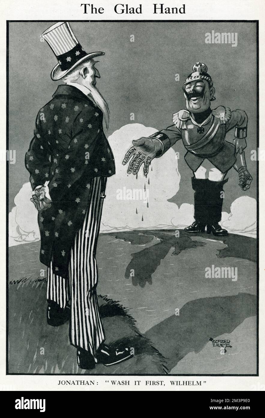 Caricature, la main heureuse -- le frère Jonathan (représentant les Etats-Unis) dit à l'empereur Wilhelm de se laver la main avant de la secouer. Sur les doigts du Kaiser, goutte à goutte de sang, se trouvent les noms des lieux dévastés par les bombardements allemands : Louvain, Termonde, Malines et Reims. Date: 1914 Banque D'Images