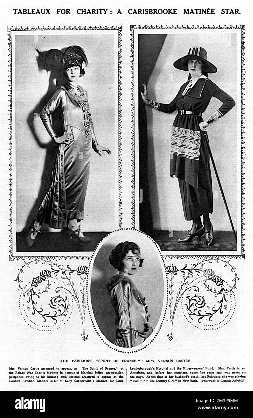 IRENE CASTLE (née FOOTE) Dancer, qui, avec son mari Vernon Castle, étaient connus comme 'les amoureux de la danse de l'Amérique'. La paire a été incroyablement réussie et leurs gains ont été élevés. Vernon a été tué dans un accident de vol en 1918. En tant que leader de la mode, elle est représentée ici dans une paire de tenues très élégantes. Photographiée à l'époque, elle devait apparaître comme « la spirt de France » au Palace Theatre dans un salon de collecte de fonds auquel assistait le général Joffre. En raison du retard du matinée dû à sa maladie, elle a plutôt comparu au Pavillon de Londres, le matin, en aide au matin de Lady Carisbrooke Banque D'Images