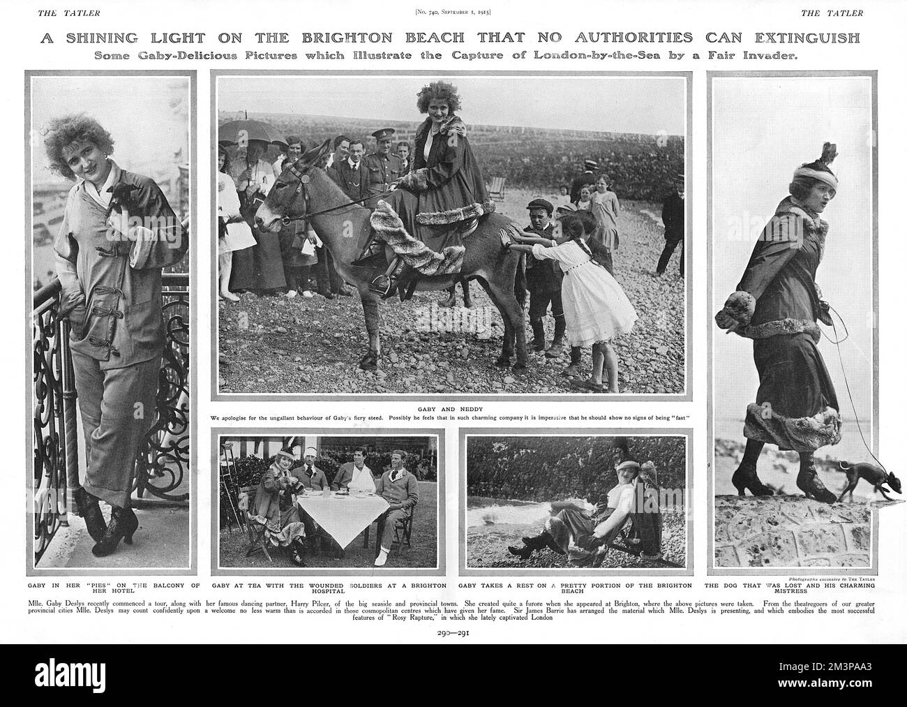 Diverses photos de Gaby Deslys, l'actrice française très populaire, photographiée à Brighton , posant sur un âne sur la plage, divertissant des soldats blessés dans un hôpital de Brighton et relaxant dans un transat sur la plage. Elle est également photographiée sur le balcon de son hôtel dans son 'Pies' (pyjama) et sur le front de mer marchant son petit chien chihuahua. Le chien a disparu mais a été heureusement retourné à son propriétaire reconnaissant! Date: 1915 Banque D'Images