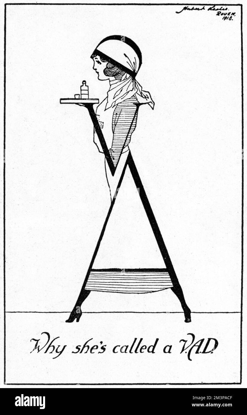 Une caricature représentant une infirmière de VAD (détachement d'aide volontaire), la montrant composée des trois lettres formant son nom et portant un plateau Date: 1918 Banque D'Images