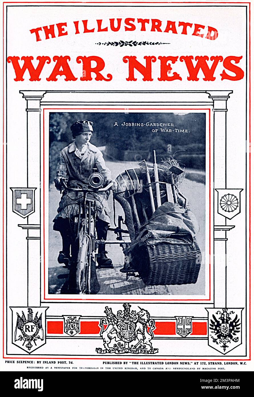 Couverture de The Illustrated War News avec une photo d'une jardinière pendant la guerre à vélo et à side-car, le side-car offrant un espace de rangement adapté à ses outils et outils de jardinage. Date: 1916 Banque D'Images