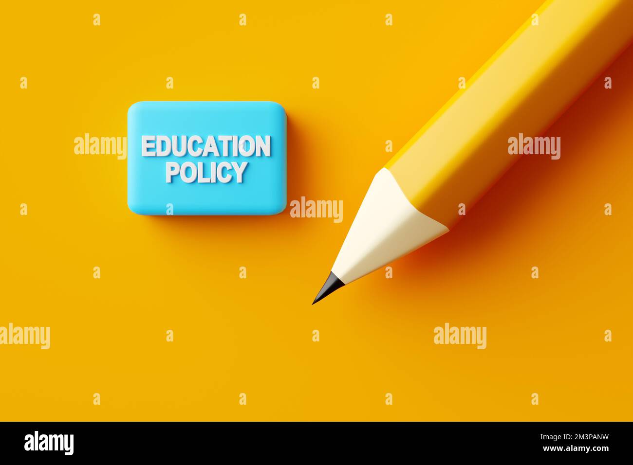 Crayon et gomme avec le mot politique d'éducation. Règles, procédures et stratégie d'éducation dans le concept de la scolarisation. 3D rendu. Banque D'Images