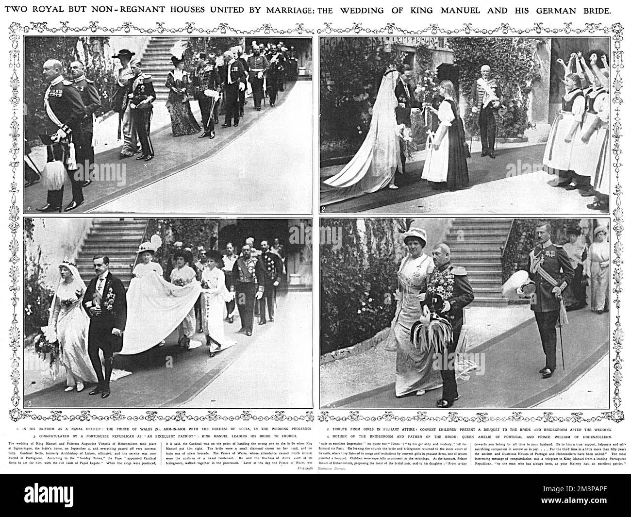 Scènes du mariage de l'ancien roi Manuel du Portugal et de la princesse Augusta (Augustine) Victoria de Hohenzollern, qui a eu lieu à Sigmaringen le 4 septembre 1913. En haut à gauche montre le prince de Galles en uniforme naval bras en bras avec la duchesse d'Aoste, en bas à gauche Roi Manuel menant sa mariée à l'église, en haut à droite couvent enfants en tenue paysanne présentant un bouquet à la mariée et marié après la cérémonie et en bas à droite, La reine Amélie du Portugal et le roi Guillaume de Hohenzollern, mère du marié et père de la mariée. Date: 1913 Banque D'Images