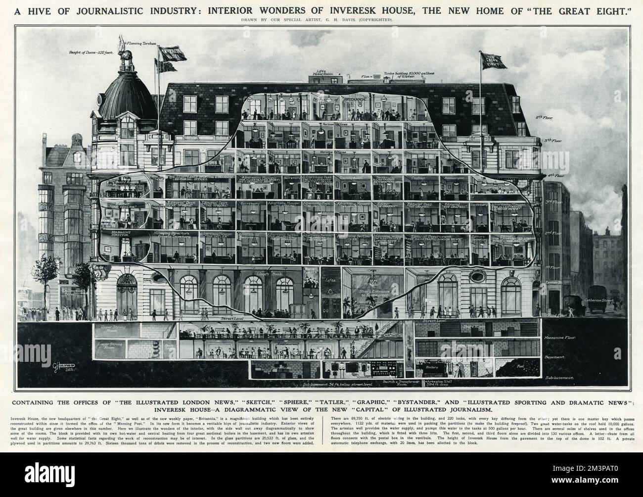 Merveilles intérieures de la maison Inveresk dans le Strand, Londres, la nouvelle maison du Grand huit, contenant les bureaux de l'illustré London News, esquisse, sphère, Tatler, graphique, Passant, et illustré Sporting et Dramatic News. Vue schématique de l'édifice par G.H. Davis. Date: 1928 Banque D'Images