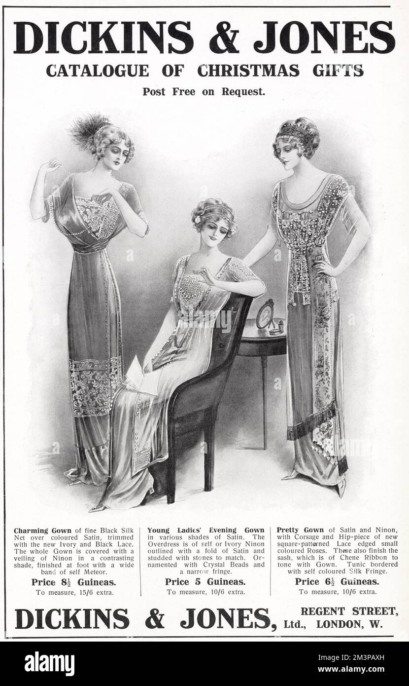 Cadeau de Noël du catalogue Dickins & Jones, montrant trois femmes portant  des robes de soirée satinées à lignes fines Photo Stock - Alamy