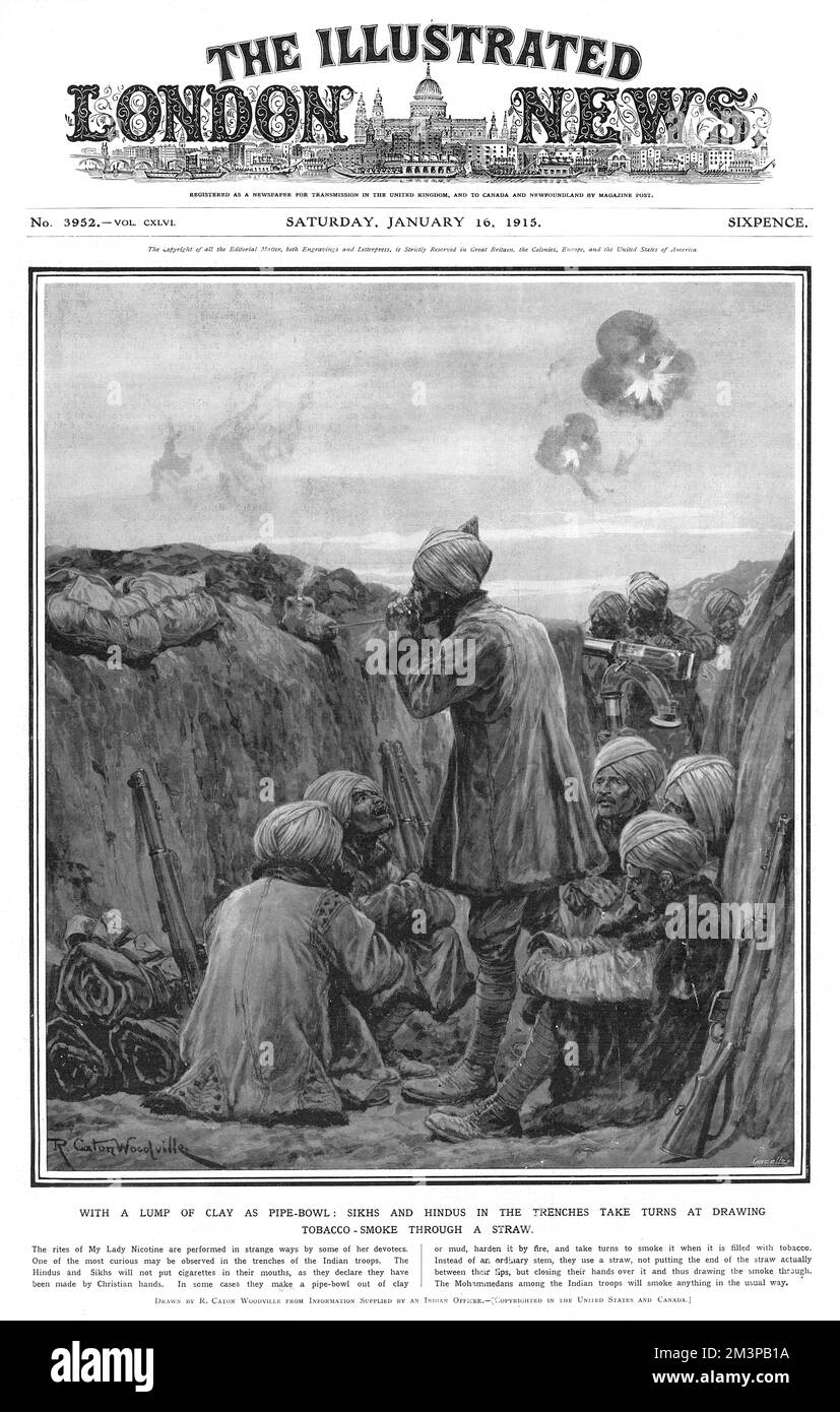 Sikhs et Hindous dans les tranchées prennent tour à tour à attirer la fumée de tabac à travers une paille. Date: 1915 Banque D'Images
