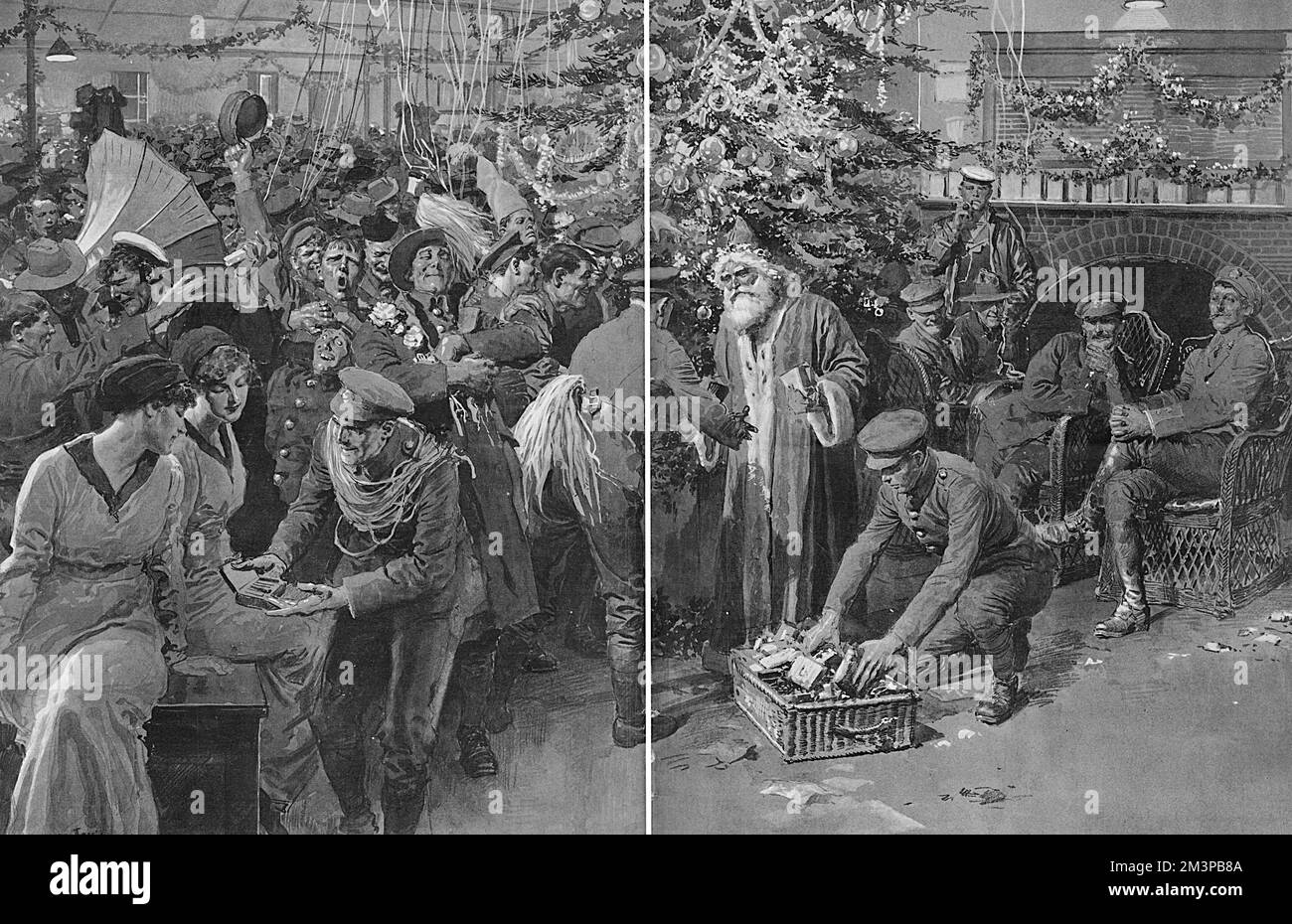 Une scène animée de jollité festive à la cabane Shakspere, l'une des nombreuses huttes du YMCA érigées autour de Londres pendant la première Guerre mondiale pour fournir repos, nourriture, hébergement temporaire et loisirs aux soldats qui traversent la capitale. La fête de Noël a été organisée par Lady Forbes-Robertson et Mme Matthias qui ont assuré que chacun des hommes a reçu un cadeau. Date: 1917 Banque D'Images