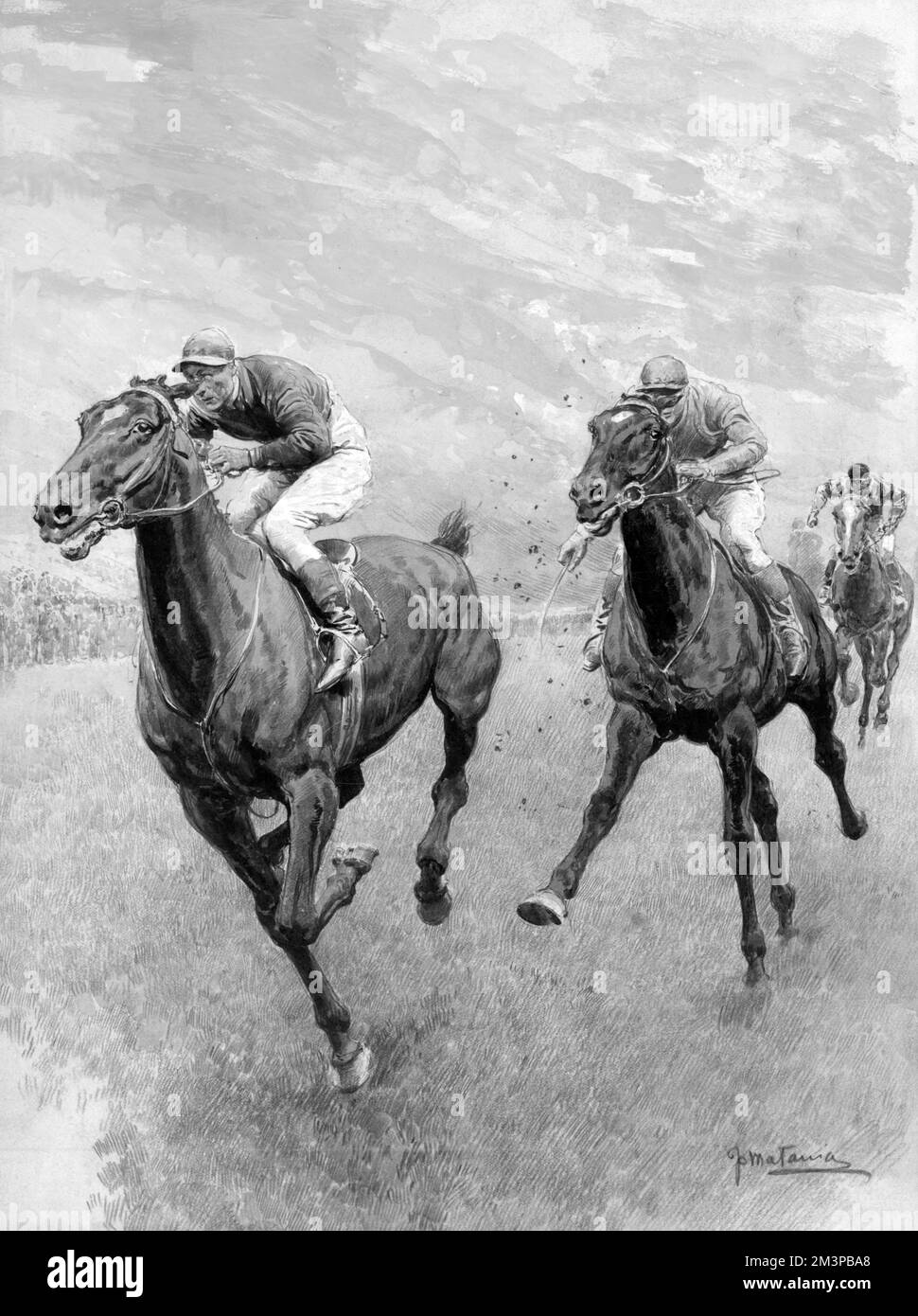 Dessin encadré de la course de Derby montrant trois chevaux en mouvement -- Grand Parade gagnant le Derby de la victoire de Buchan,1919. Date: 1919 Banque D'Images