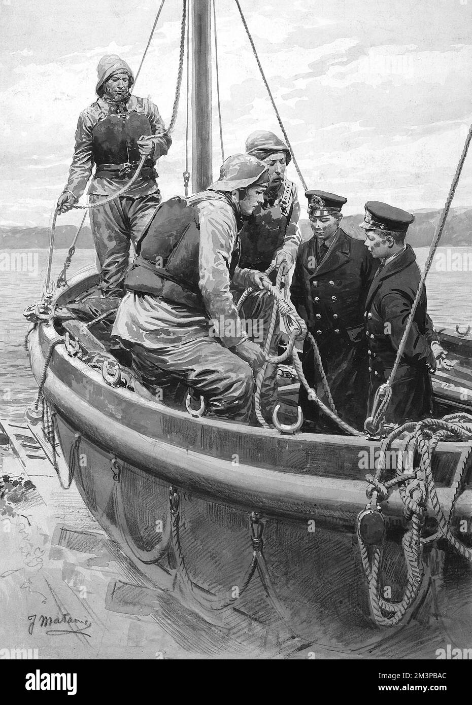 Équipage du bateau de sauvetage et deux cadets dans un bateau Banque D'Images