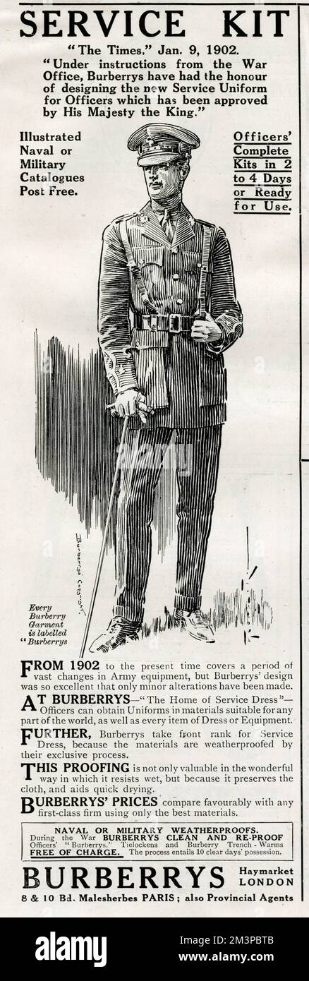 Kit d'entretien, « The Times », 9 janvier 1902. D'ordre du Bureau de la guerre, Burberrys a eu l'honneur de concevoir le nouvel uniforme de service pour les officiers qui a été approuvé par sa Majesté le Roi. Date: 1916 Banque D'Images
