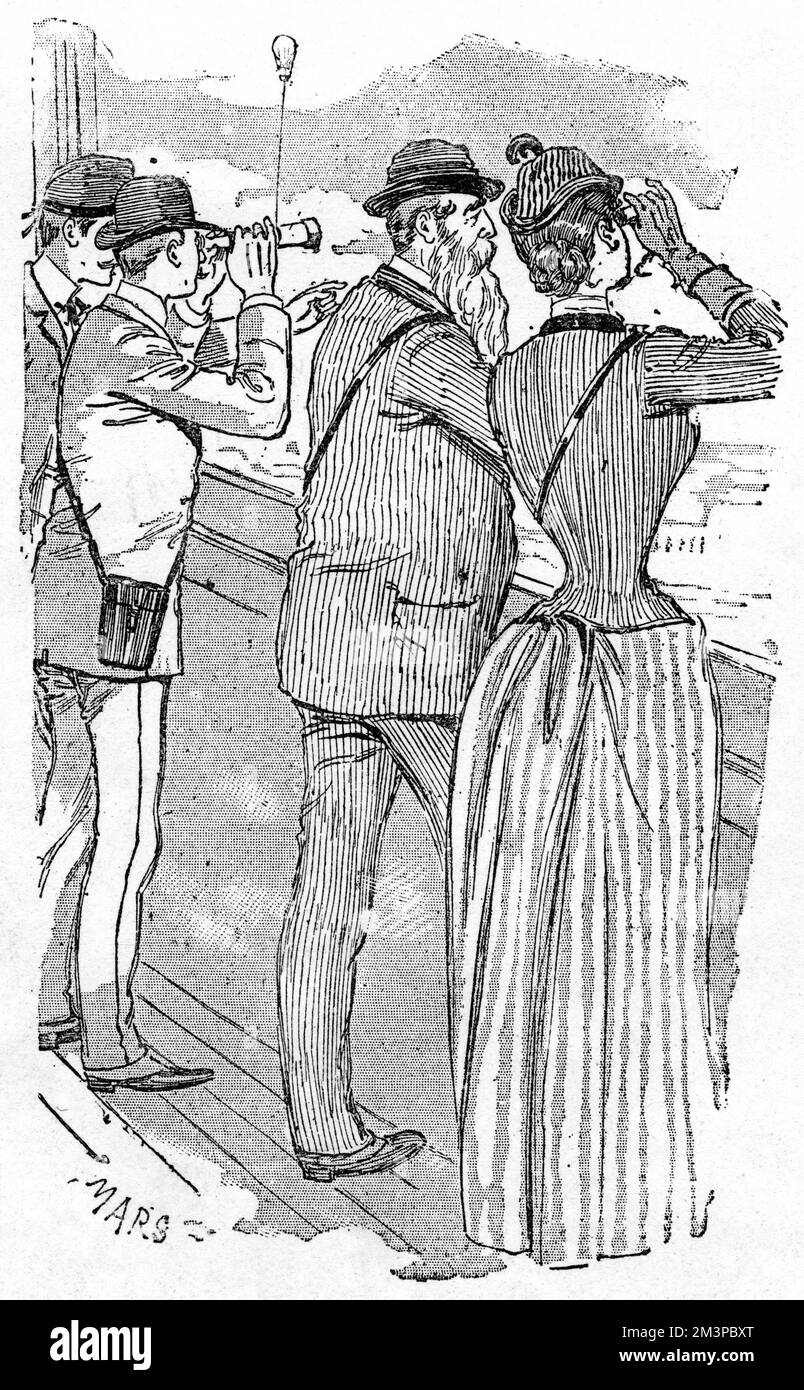 Personnes regardant la vue à travers des télescopes et des jumelles depuis la deuxième plate-forme de la Tour Eiffel (une hauteur de 380 pieds) dans l'année où le bâtiment a été achevé comme la pièce maîtresse de l'exposition internationale de Paris. Date: 1889 Banque D'Images