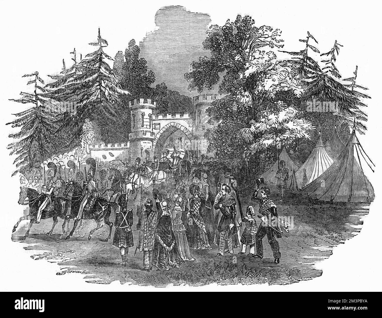 La reine Victoria et le prince Albert, en calèche, entrent dans le parc Taymouth, où ils sont restés trois jours lors de leur première visite en Écosse. Date : septembre 1842 Banque D'Images