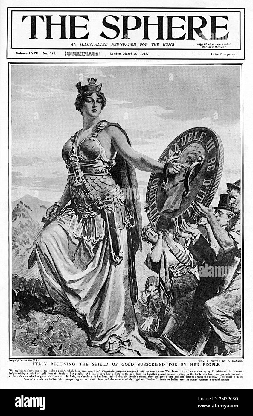 Couverture de sphère - Italie recevant le bouclier d'or par Matania Banque D'Images