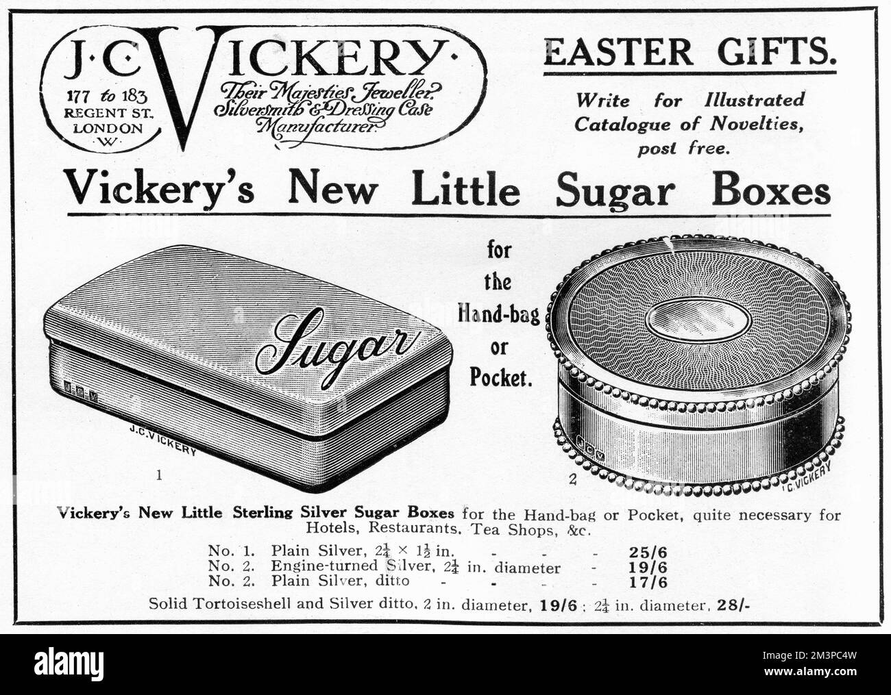 Publicité pour J. C. Vickery et leurs boîtes à sucre en argent, un récipient pratique pour emmener du sucre dans les restaurants et les cafés lorsque le rationnement est entré en vigueur pendant les dernières étapes de la première Guerre mondiale. Date: 1918 Banque D'Images