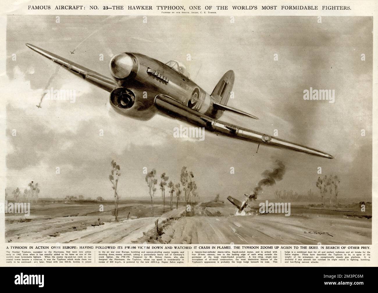 Hawker Typhoon, après avoir suivi sa victime de la FW-190 et l'avoir regardé s'écraser en flammes, le Typhoon s'agrandit à nouveau vers le ciel, à la recherche d'autres proies. Date: 1944 Banque D'Images