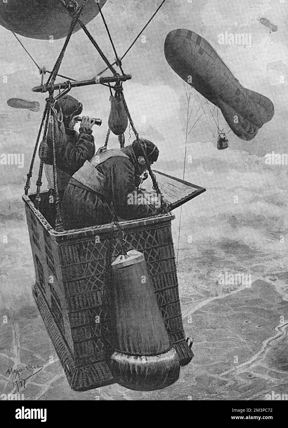 Deux observateurs dans le panier d'un ballon cerf-volant ont photographié l'activité de repérage sur le sol ci-dessous. La section de ballon de cerf-volant (souvent connue sous le nom de montgolfière) a été utilisée à la fois par le service aérien naval et militaire et a ensuite été absorbée par la nouvelle Force aérienne royale en 1918. Date: 1918 Banque D'Images
