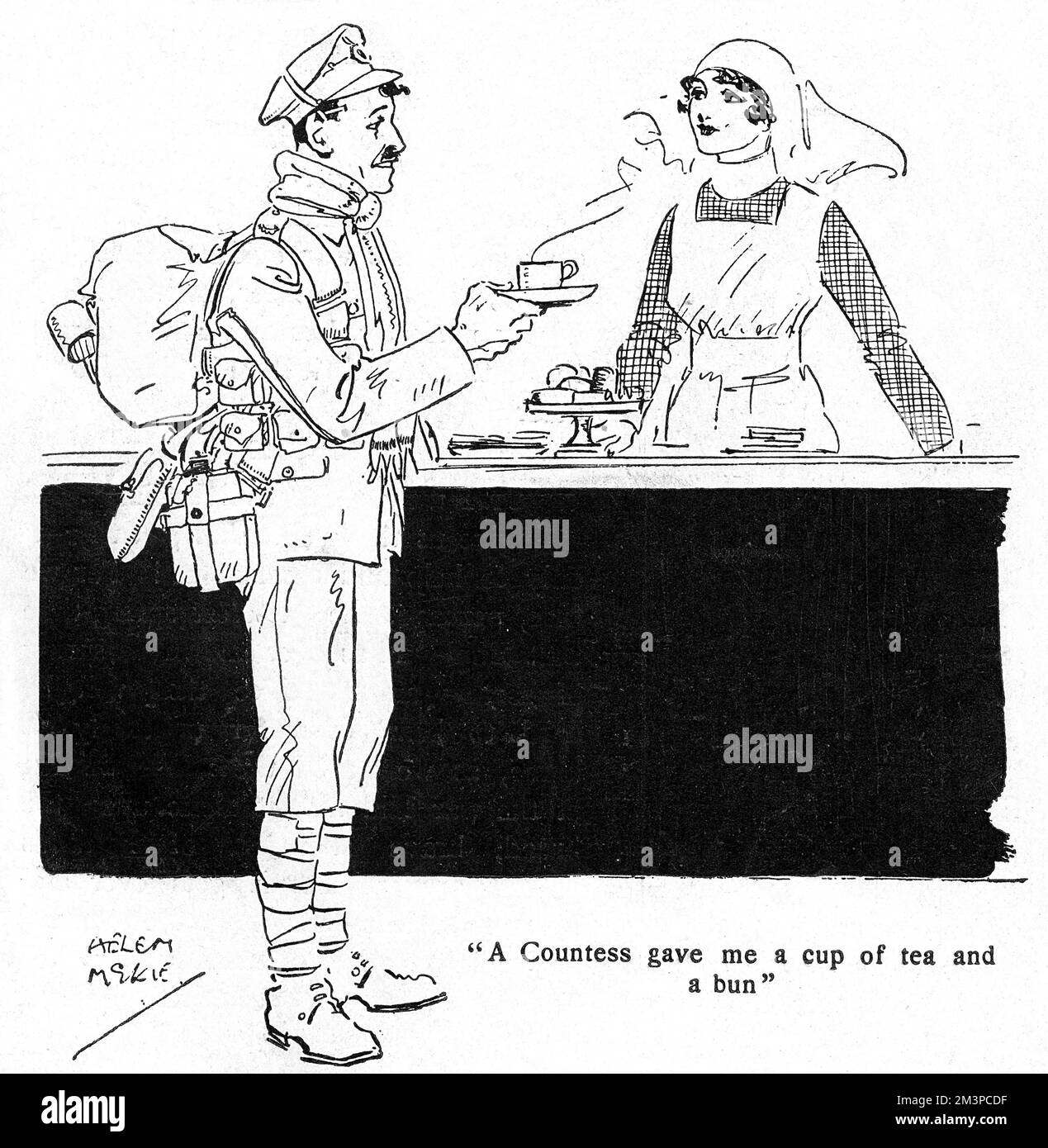Un soldat de la première Guerre mondiale a reçu une tasse de thé d'une femme aristocratique en uniforme d'infirmière. 'Canteening' était l'une des professions bénévoles préférées des femmes bien-nées pendant la Grande Guerre. Il y avait des cantines dans les gares, dans les usines de munitions et dans les huttes du YMCA près de la ligne de front, toutes avec des femmes qui faisaient la restauration à des centaines, voire des milliers de soldats affamés chaque jour. Date: 1918 Banque D'Images